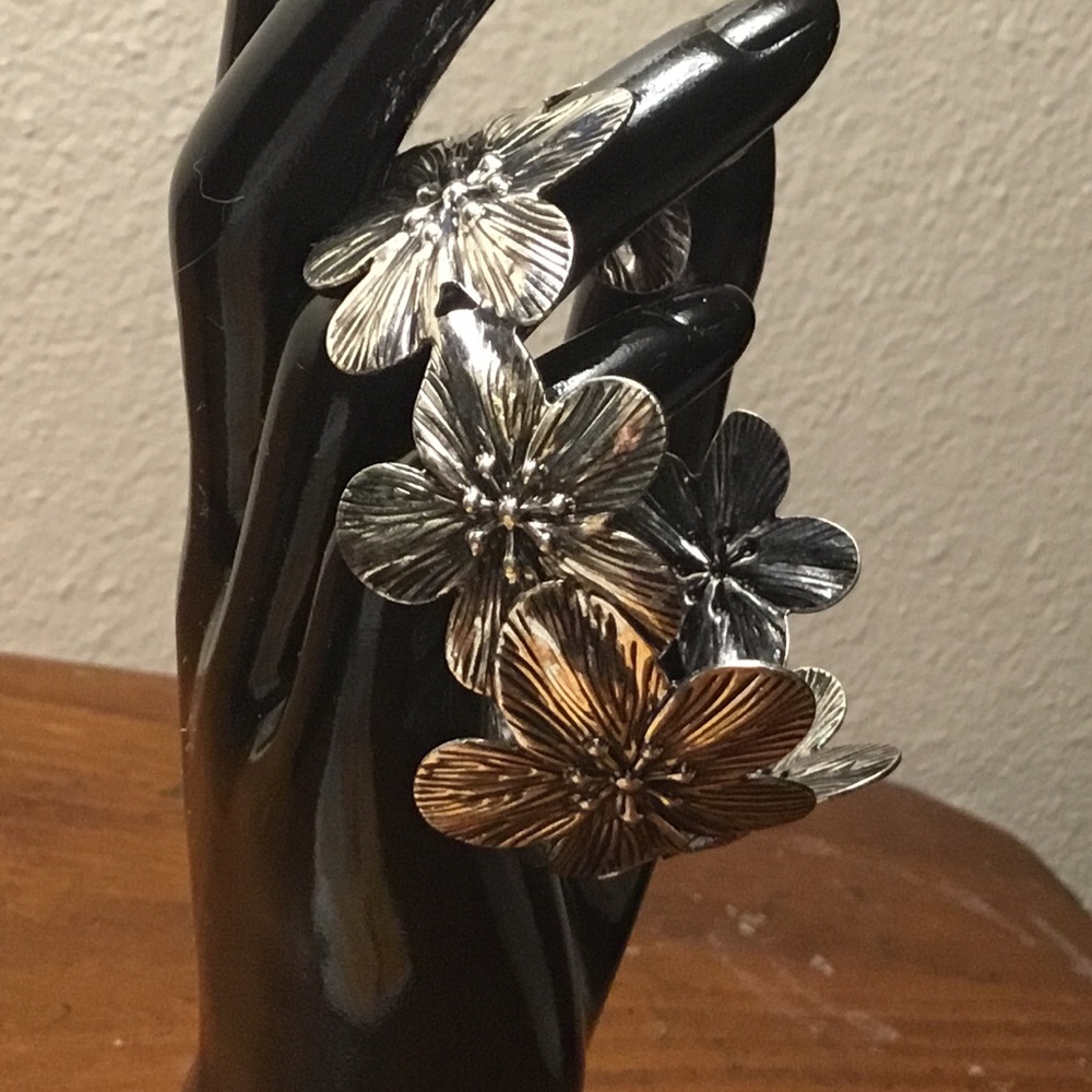 Antique Silver Flower Open Cuff Boho Bracelet